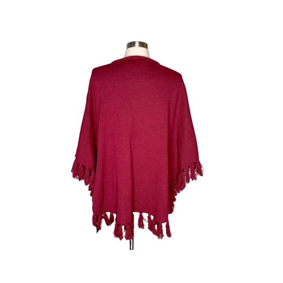 Tasi Malibu Maroon Aztec Embroidered Fringe Poncho NWT Boho Western - Picture 3 of 12
